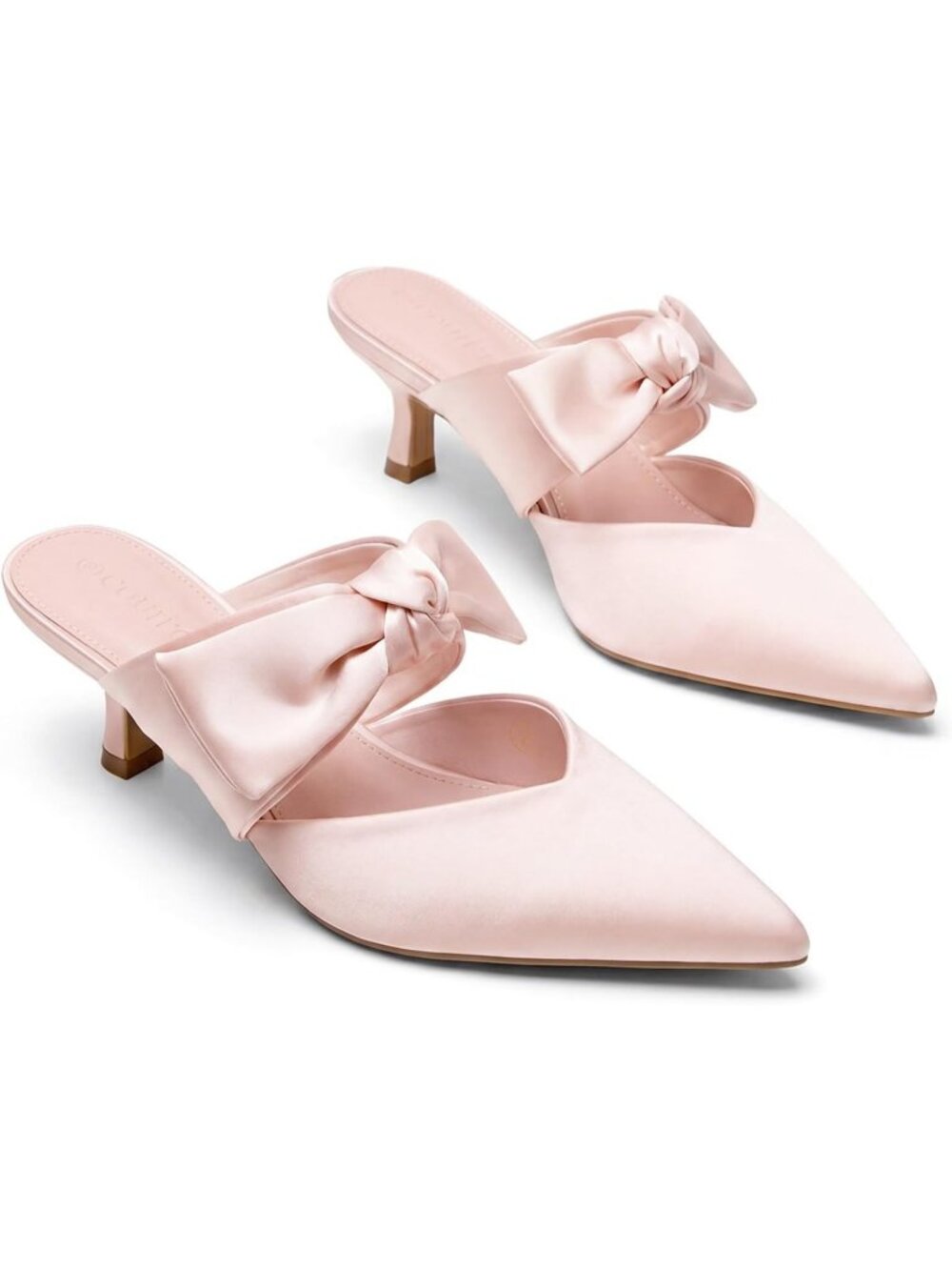 Women's Pink Rubber Satin Bow Strap Kitten Heels Pointed Toe Slip On Mule Pumps